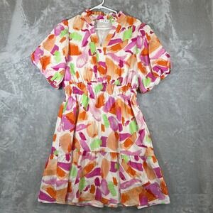THML Dress Pink Orange Abstract Print Puff Sleeve Lined Cotton Pockets Sz Large